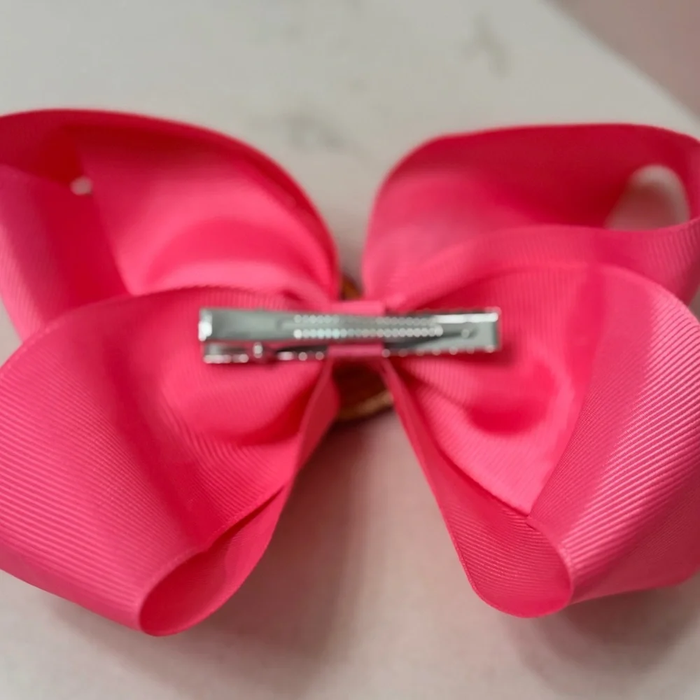 Large Girls Pink Valentine Heart Bow w Double Heart Crystal Brooch Center. NEW